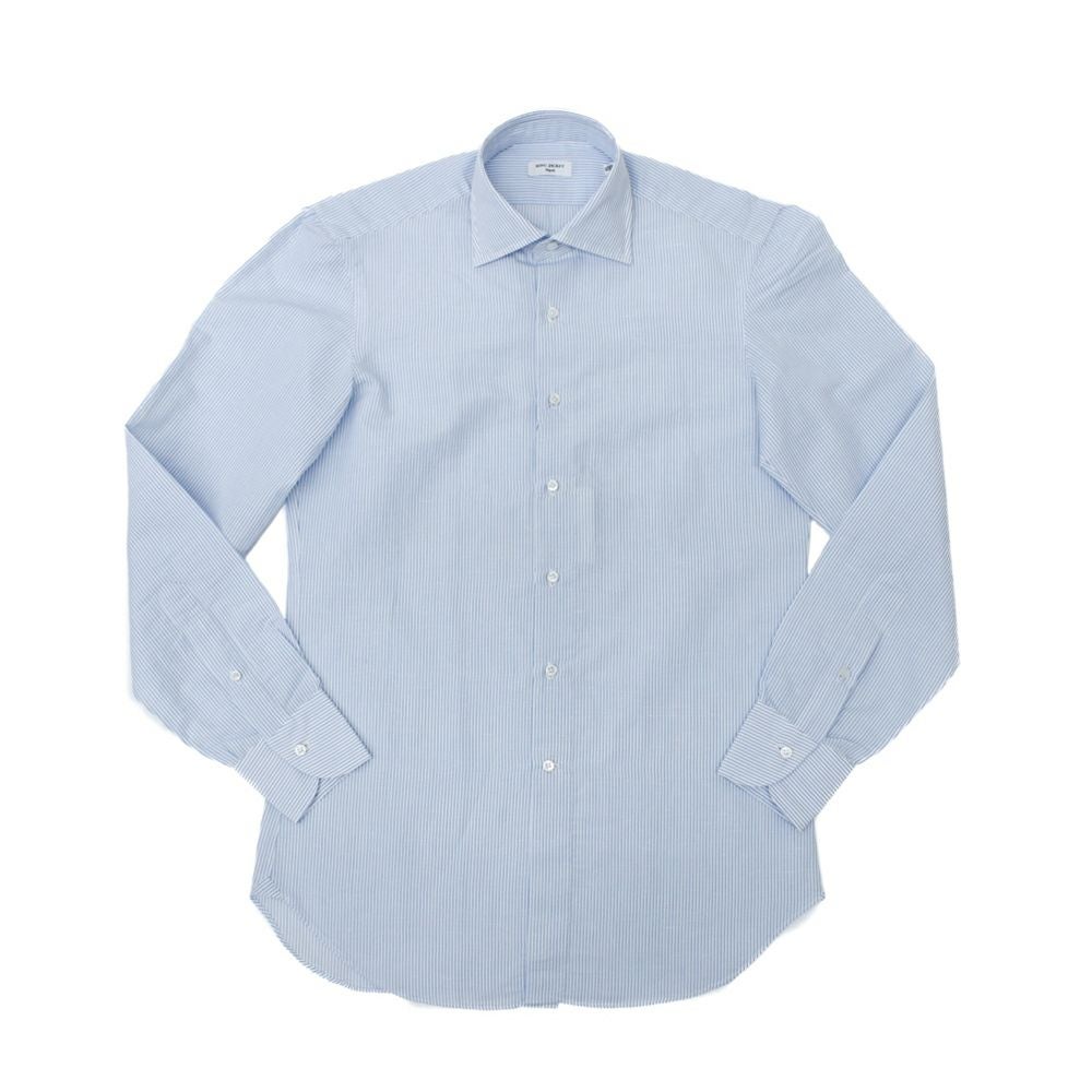 美品 リングヂャケット ナポリ シャツ 38 ライトブルー シャドーストライプ RING JACKET Napoli コットン×リネン ワイドカラーシャツ | RING